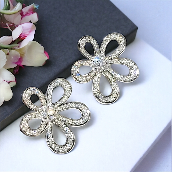 Silver plated white crystal flower earrings with silver post BOGO - Picture 1 of 9
